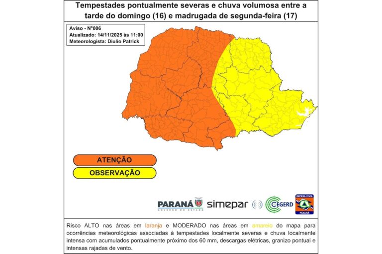 Previsão de tempestades para o Paraná neste domingo