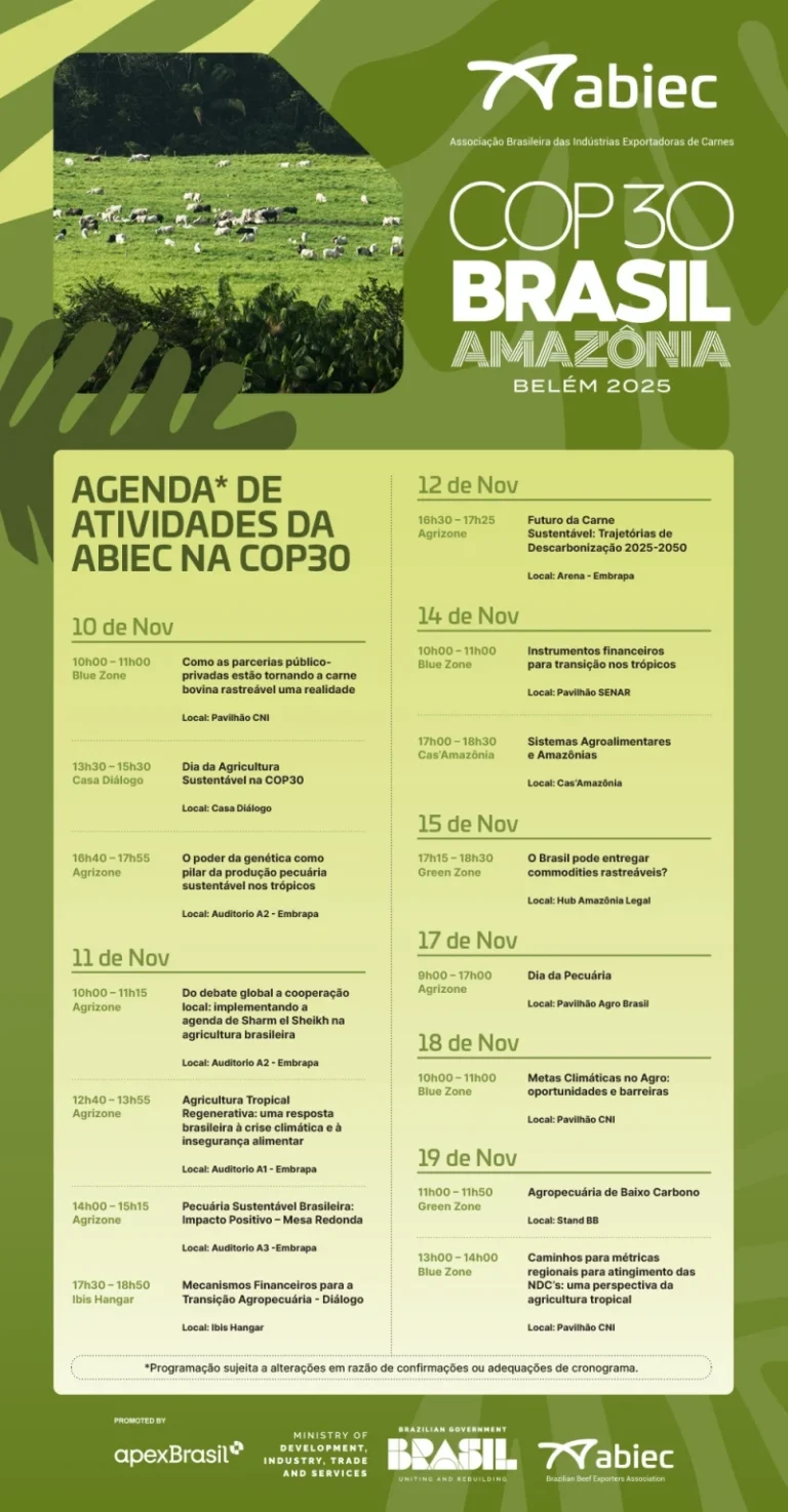 ABIEC na COP30: agenda para sustentabilidade da carne bovina