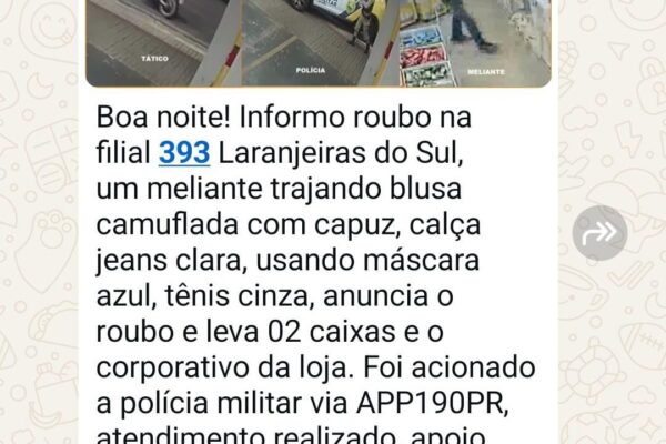 Farmácia é assaltada no Centro de Laranjeiras do Sul na noite desta quarta-feira Relato via Whatsapp entre funcionários sobre o assalto (Reprodução)