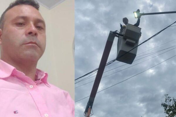 Vereador Marcio dos Alexandre e as lâmpadas sendo trocadas (Divulgação)