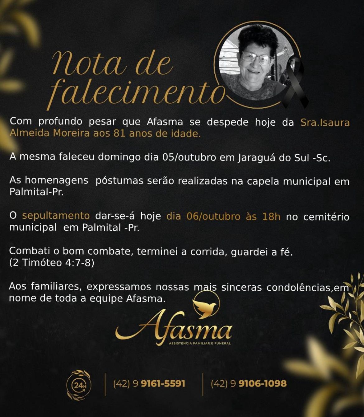 Luto na Comunidade: Afasma lamenta o falecimento de Isaura Almeida Moreira aos 81 anos