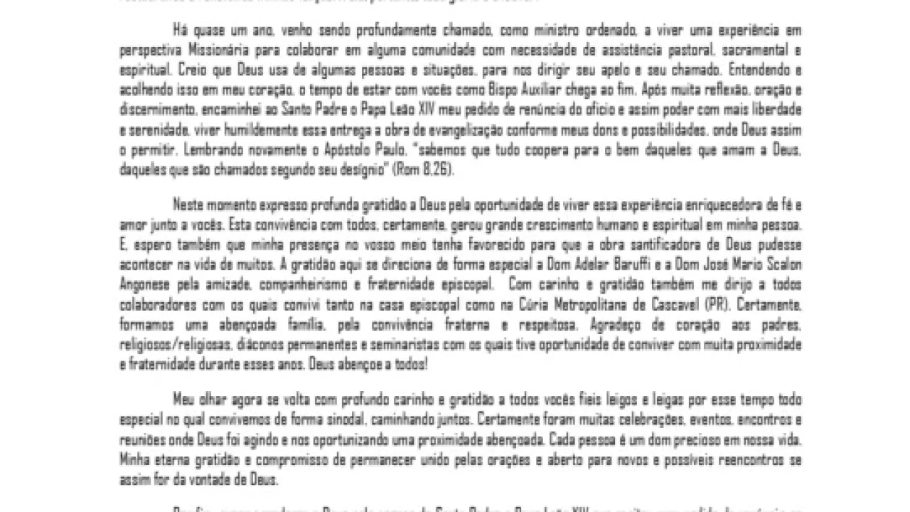 Dom Aparecido anuncia transição pastoral e dedica-se a nova missão missionária