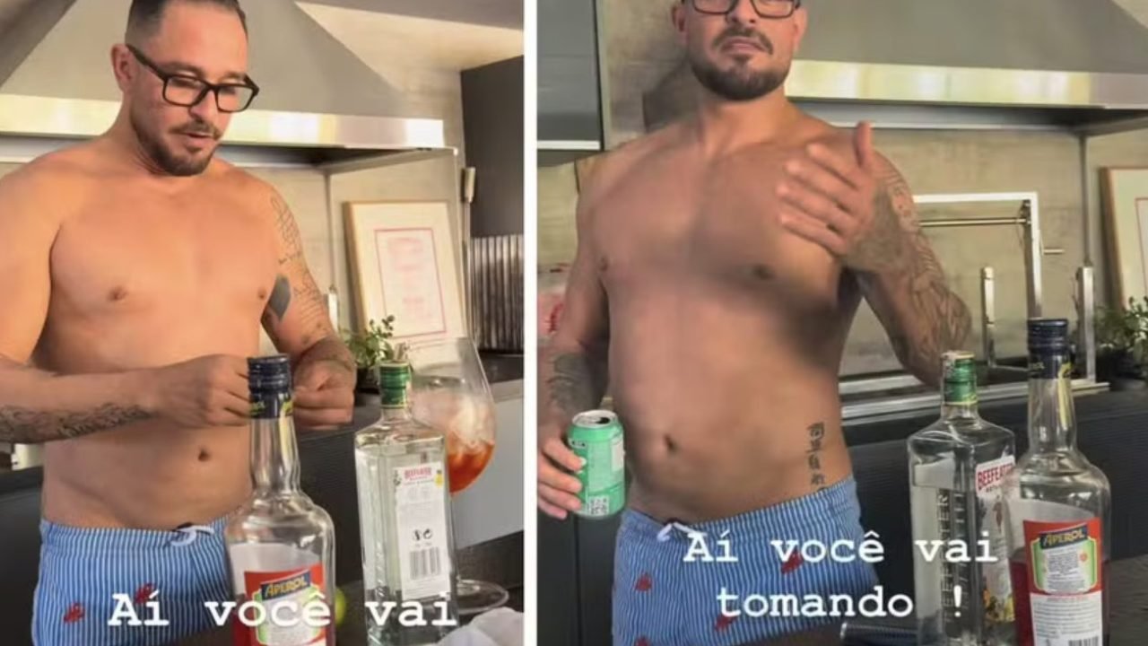 Diogo Nogueira passa Natal com o filho e viraliza preparando drink em casa