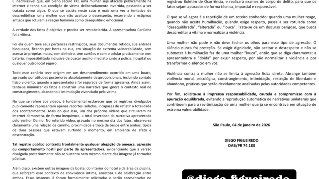 Cariúcha quebra silêncio após caso de agressão e expõe beijo com Danilo Bravo