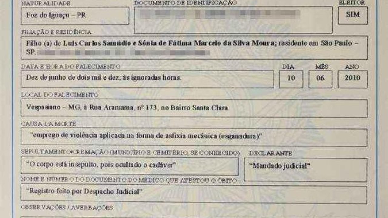 Veja certidão de óbito de Eliza Samudio