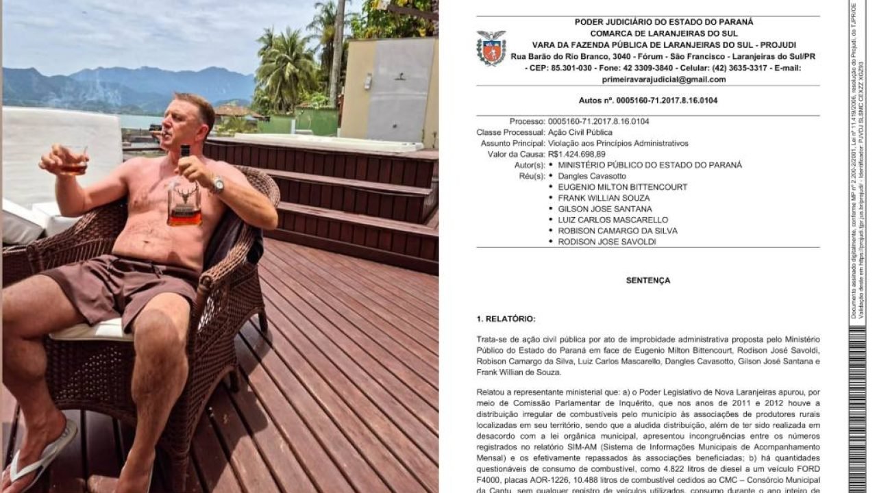 Ex-prefeito Eugênio Bittencourt em momento de descontração e parte da sentença sobre os combustíveis (Colagem)