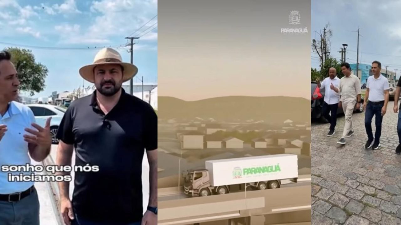 Geraldo Mendes com o prefeito Adriano Ramos e o Secretário de Estado das Cidades, Guto Silva (Colagem/Ascom/GM)