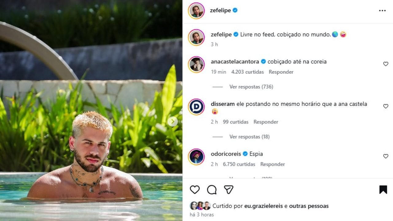 Zé Felipe publica foto sugestiva e Ana Castela reage: ‘Cobiçado’